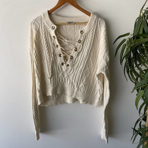 Show Me Your Mumu Sweater Womens Large Cream Knit Lace Up Casual Boho Chunky - Picture 1 of 5
